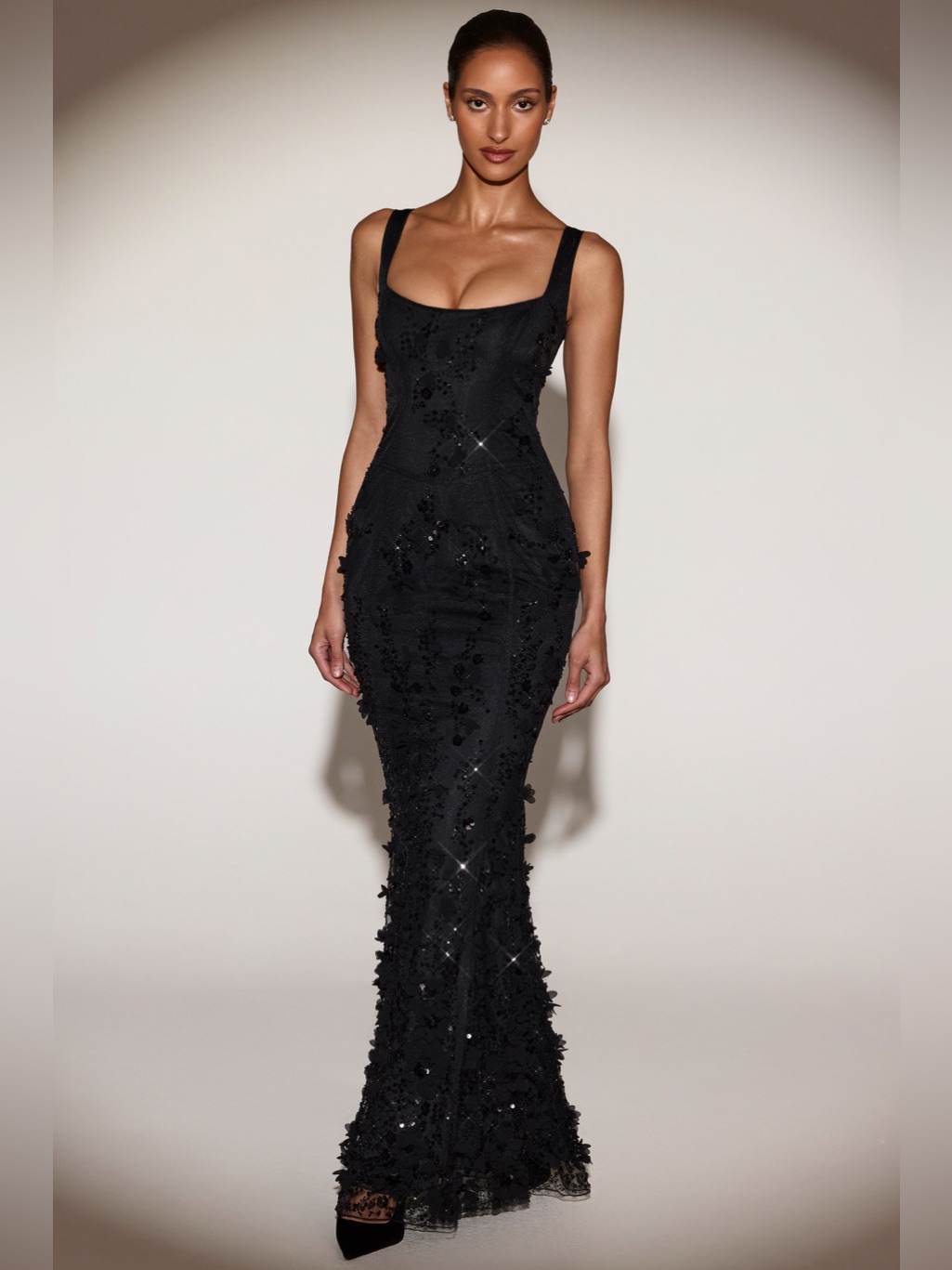 Oh Polly Vasanta Black Embellished Maxi Dress With Square Neck